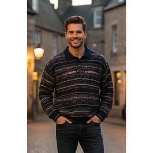 Vintage Murano Mens Black Abstract Motif Acrylic Polo Pullover Sweater Size M